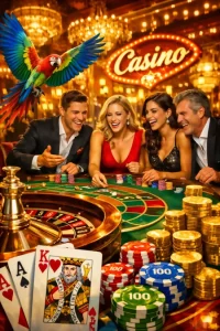Jugadores en casino con ruleta y fichas