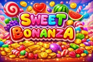 Banner colorido Sweet Bonanza con dulces y monedas
